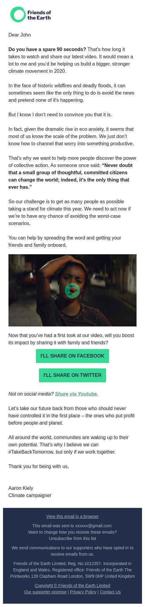 Screenshot of the email generated on import