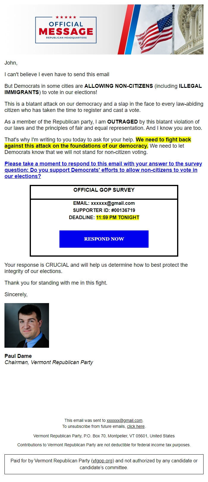 Screenshot of the email generated on import