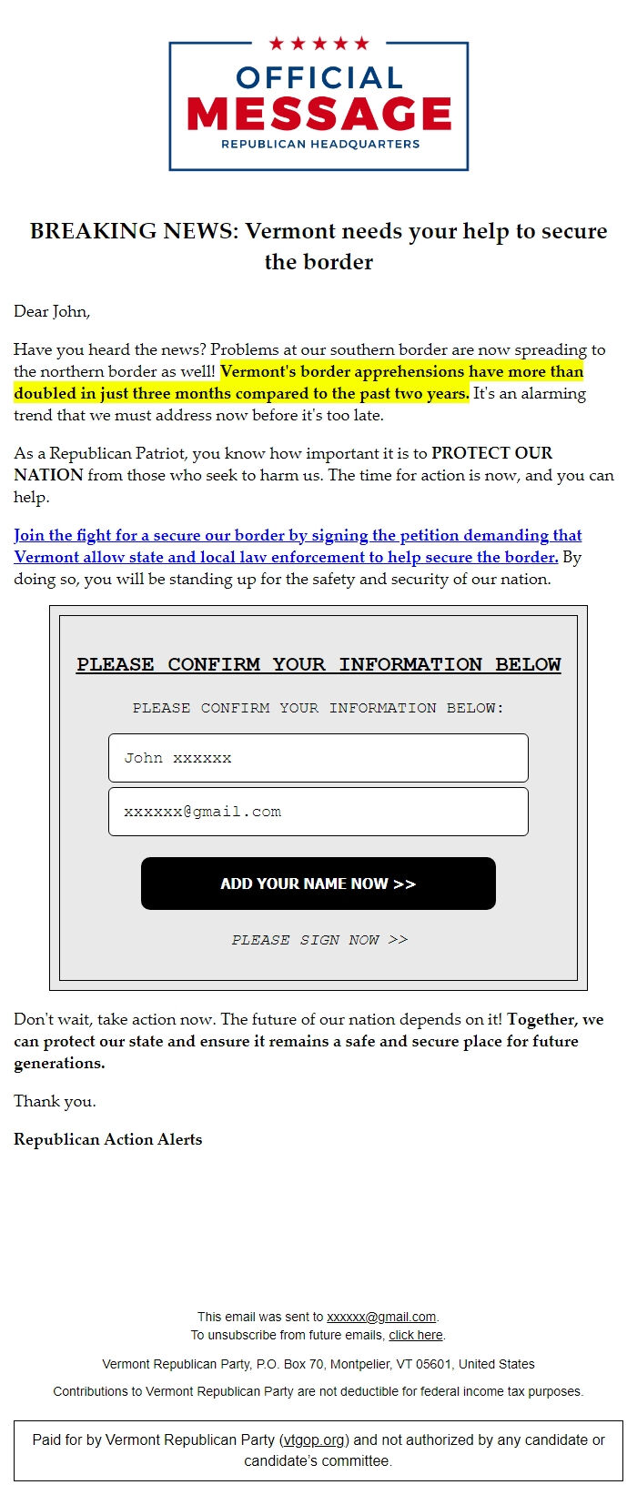 Screenshot of the email generated on import