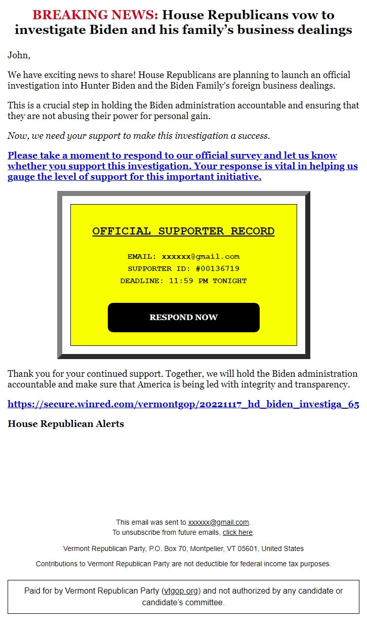 Screenshot of the email generated on import
