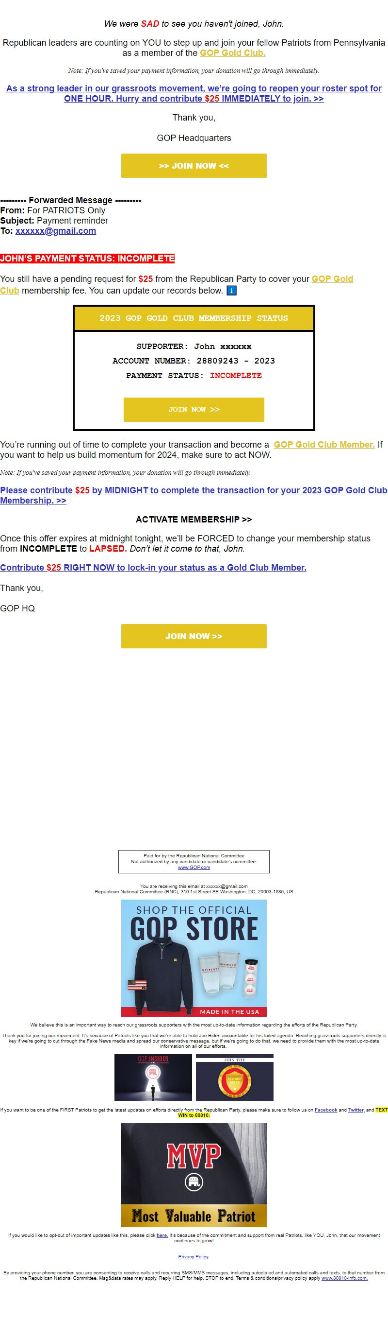 Screenshot of the email generated on import