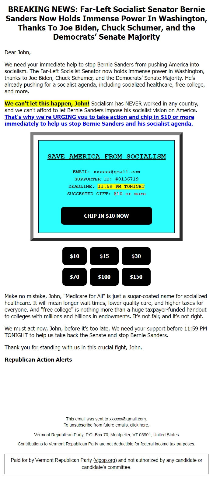 Screenshot of the email generated on import