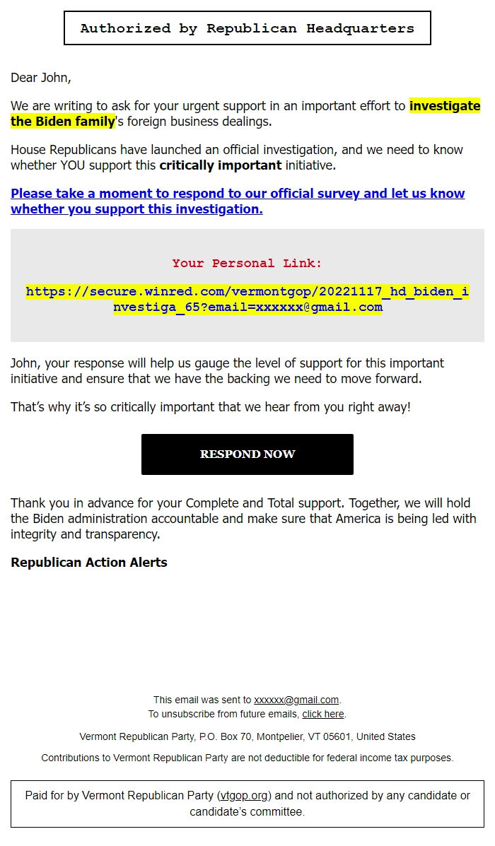 Screenshot of the email generated on import