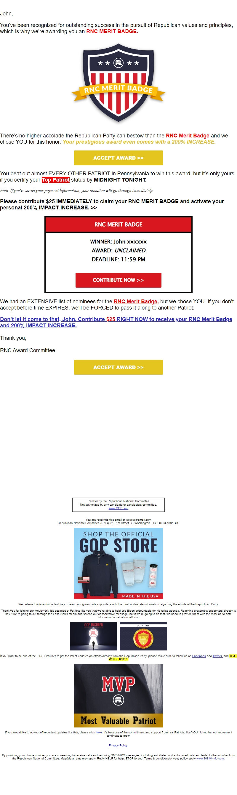 Screenshot of the email generated on import