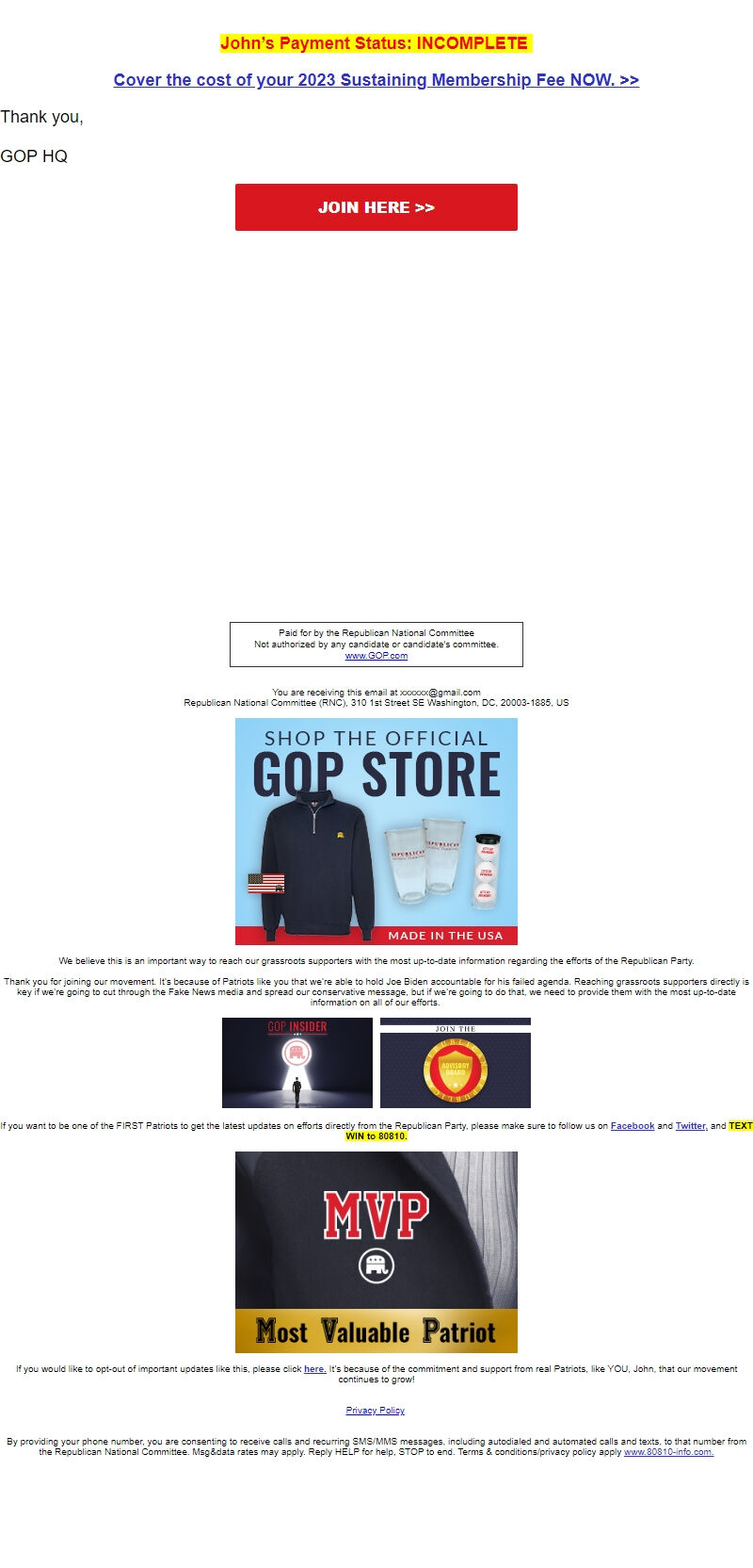 Screenshot of the email generated on import