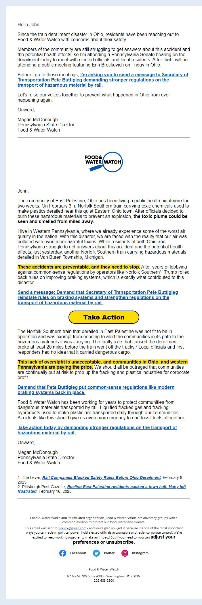 Screenshot of the email generated on import