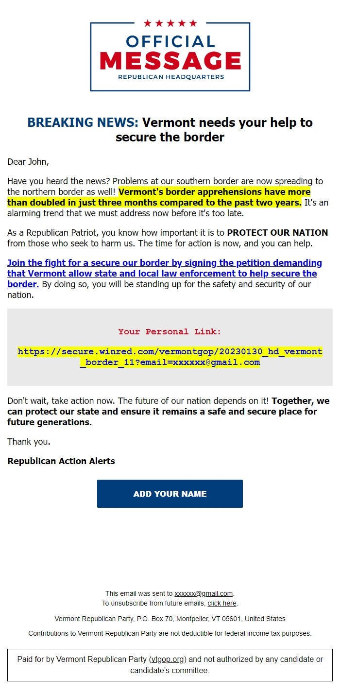Screenshot of the email generated on import