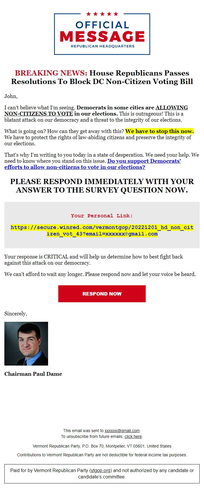 Screenshot of the email generated on import