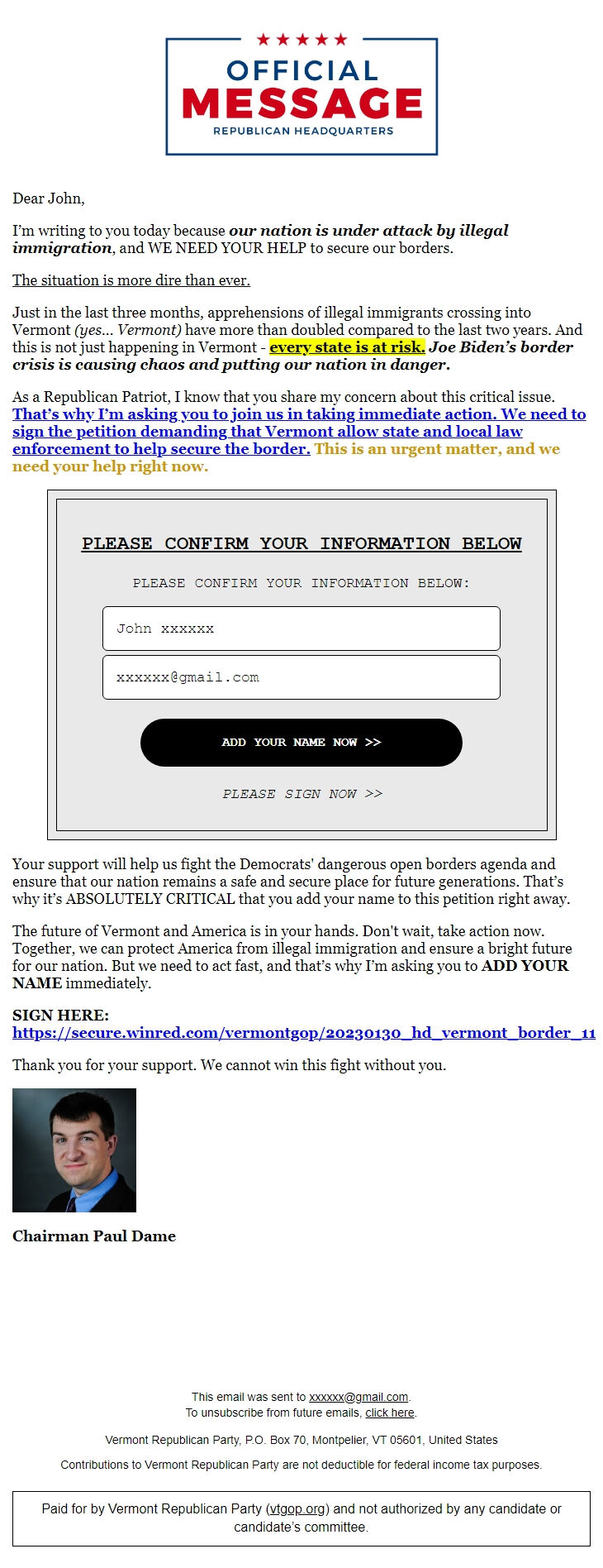 Screenshot of the email generated on import