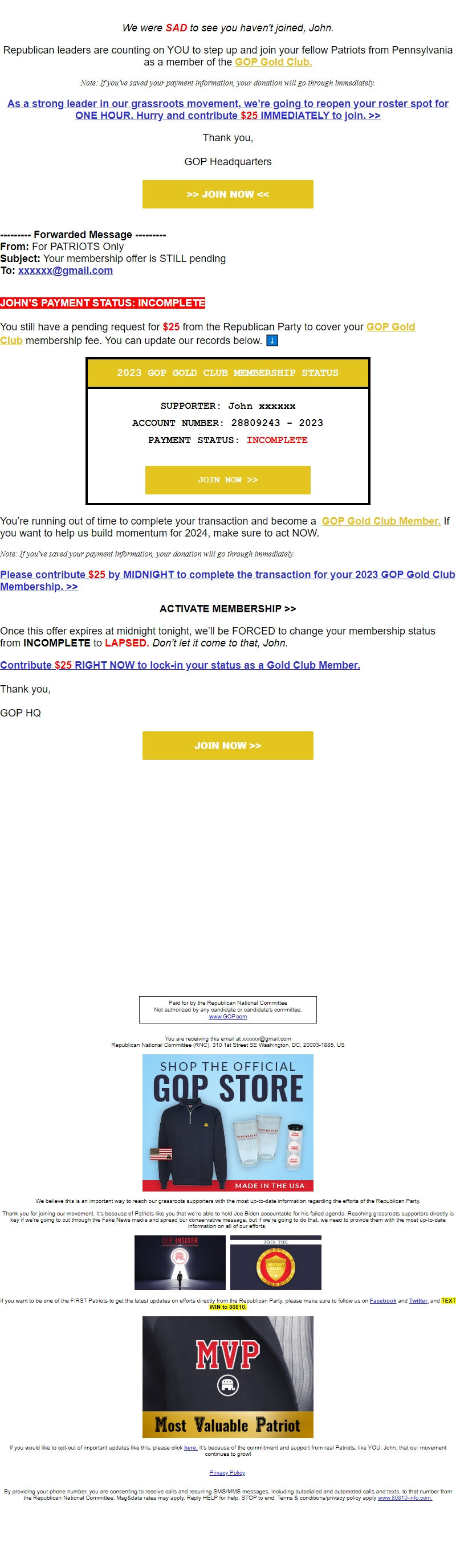 Screenshot of the email generated on import
