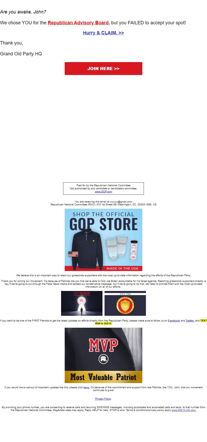 Screenshot of the email generated on import