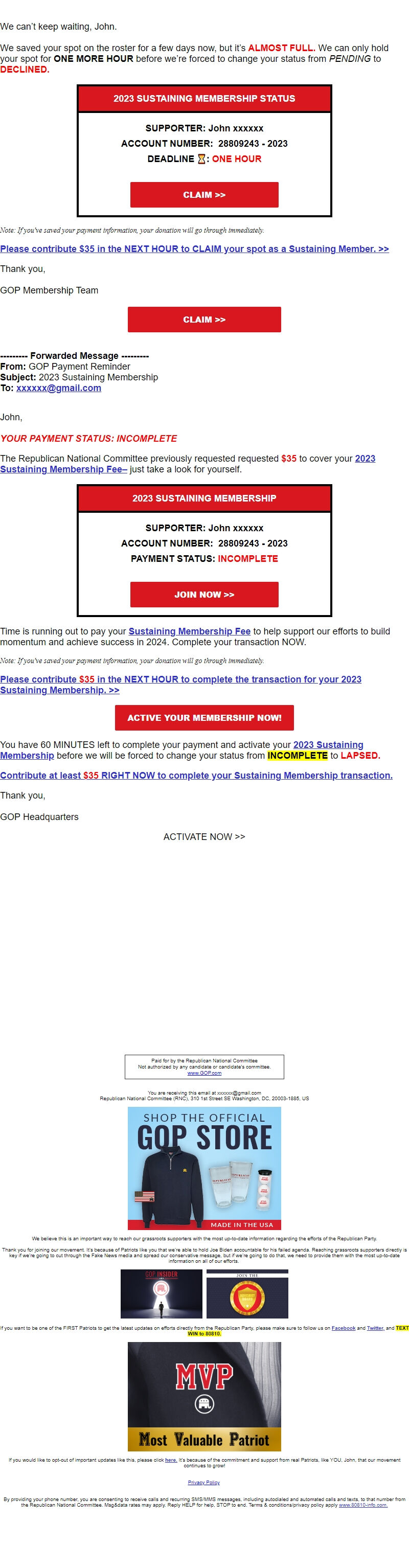 Screenshot of the email generated on import