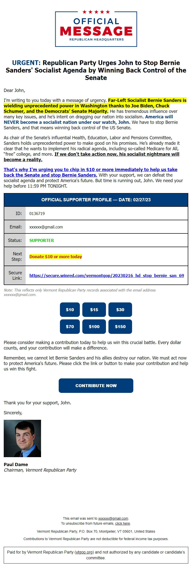 Screenshot of the email generated on import