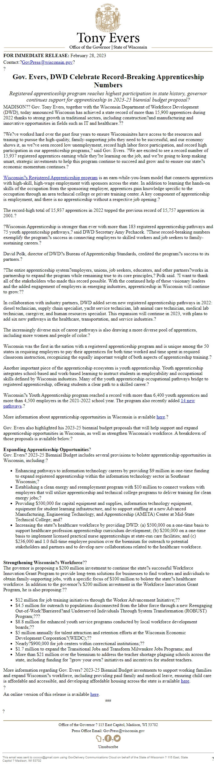 Screenshot of the email generated on import