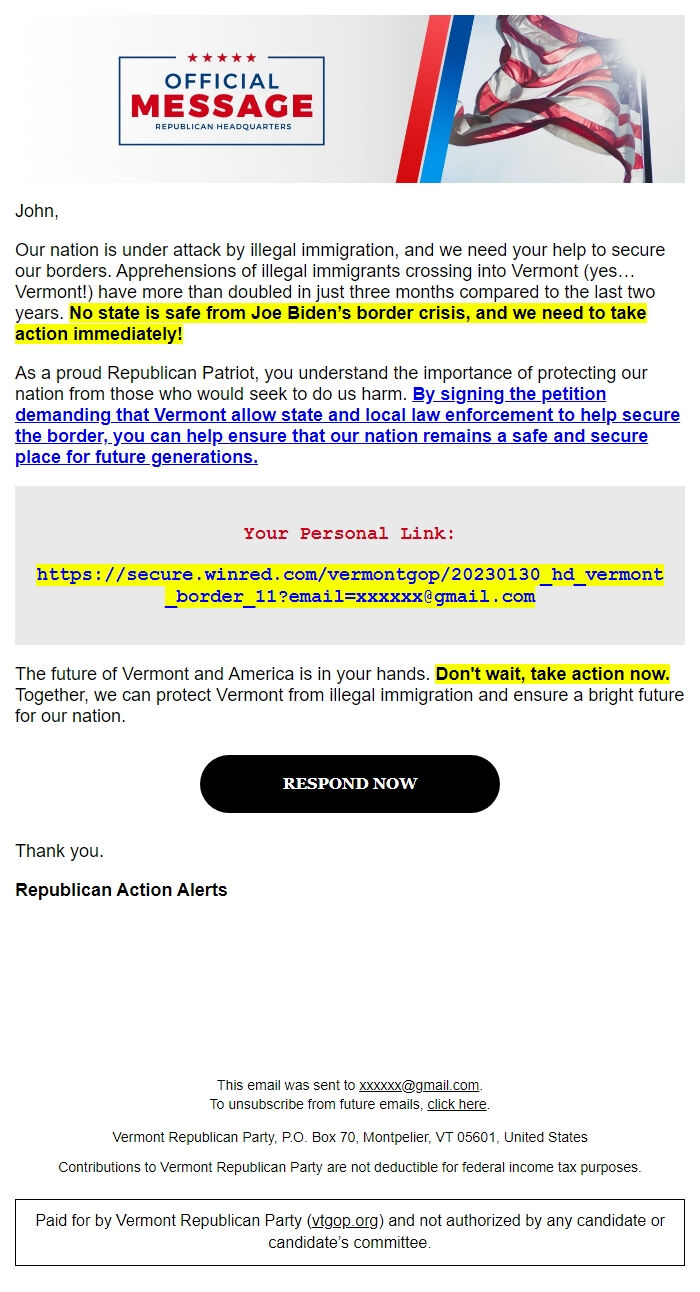 Screenshot of the email generated on import