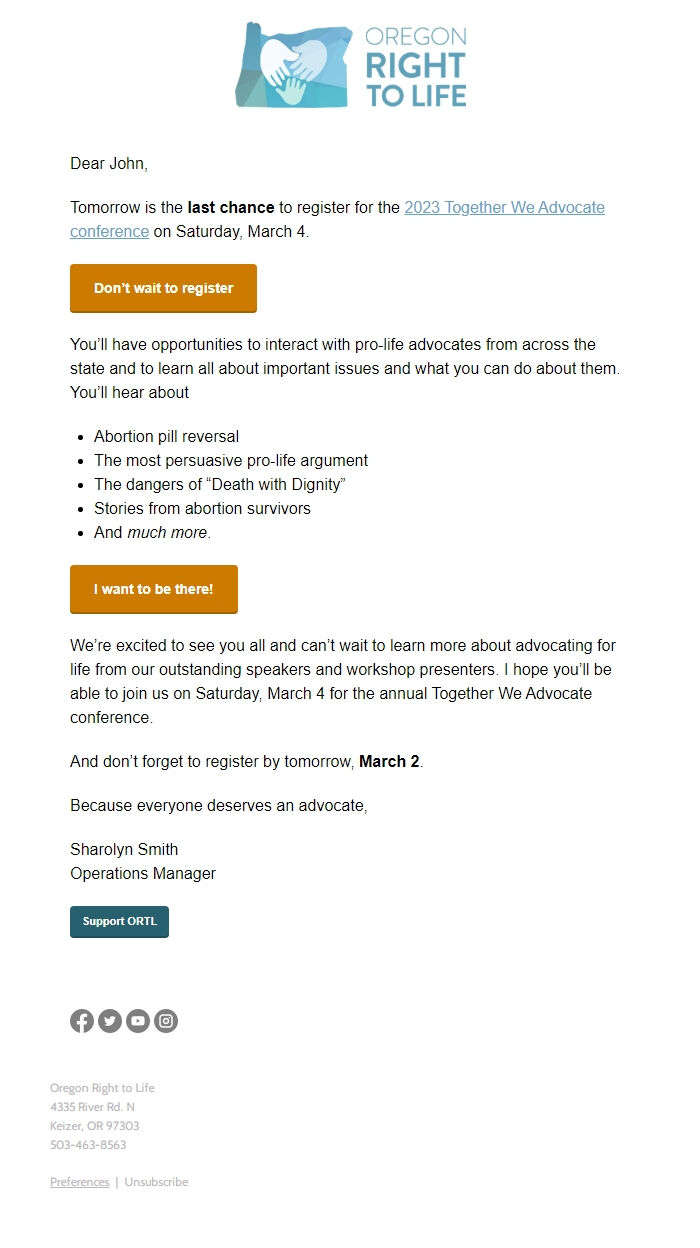 Screenshot of the email generated on import