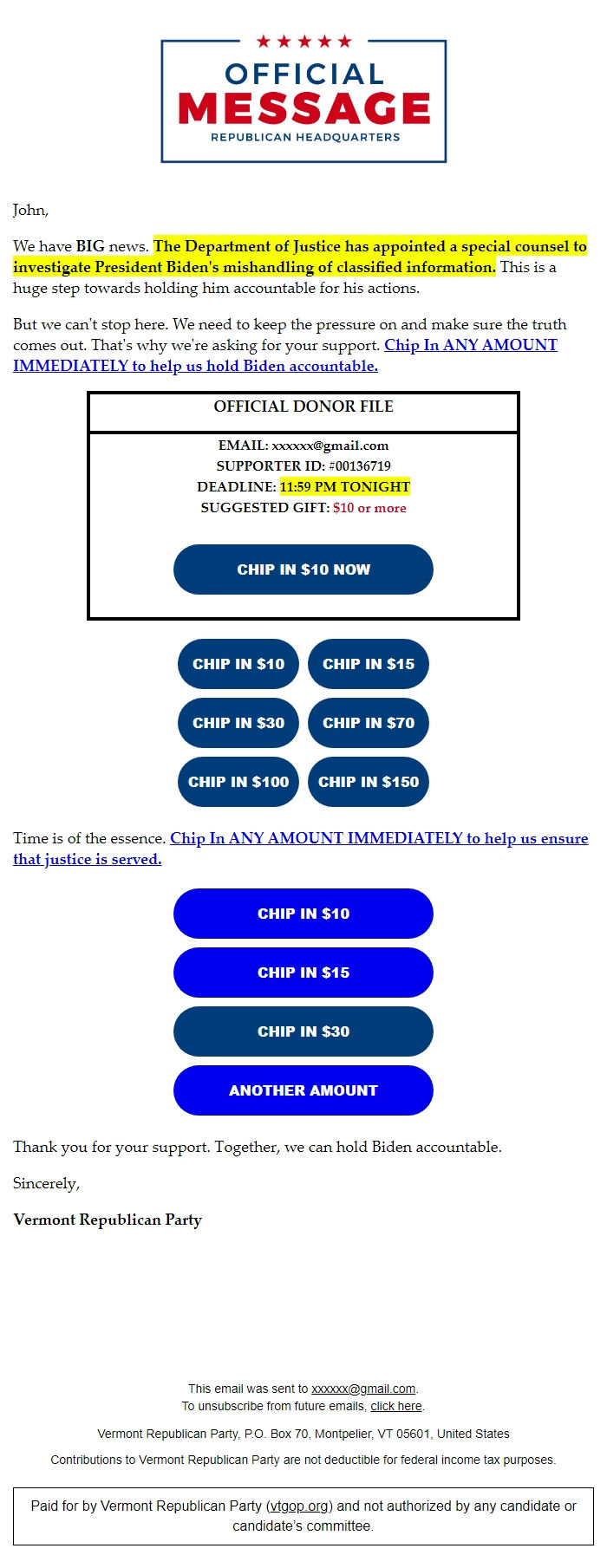 Screenshot of the email generated on import