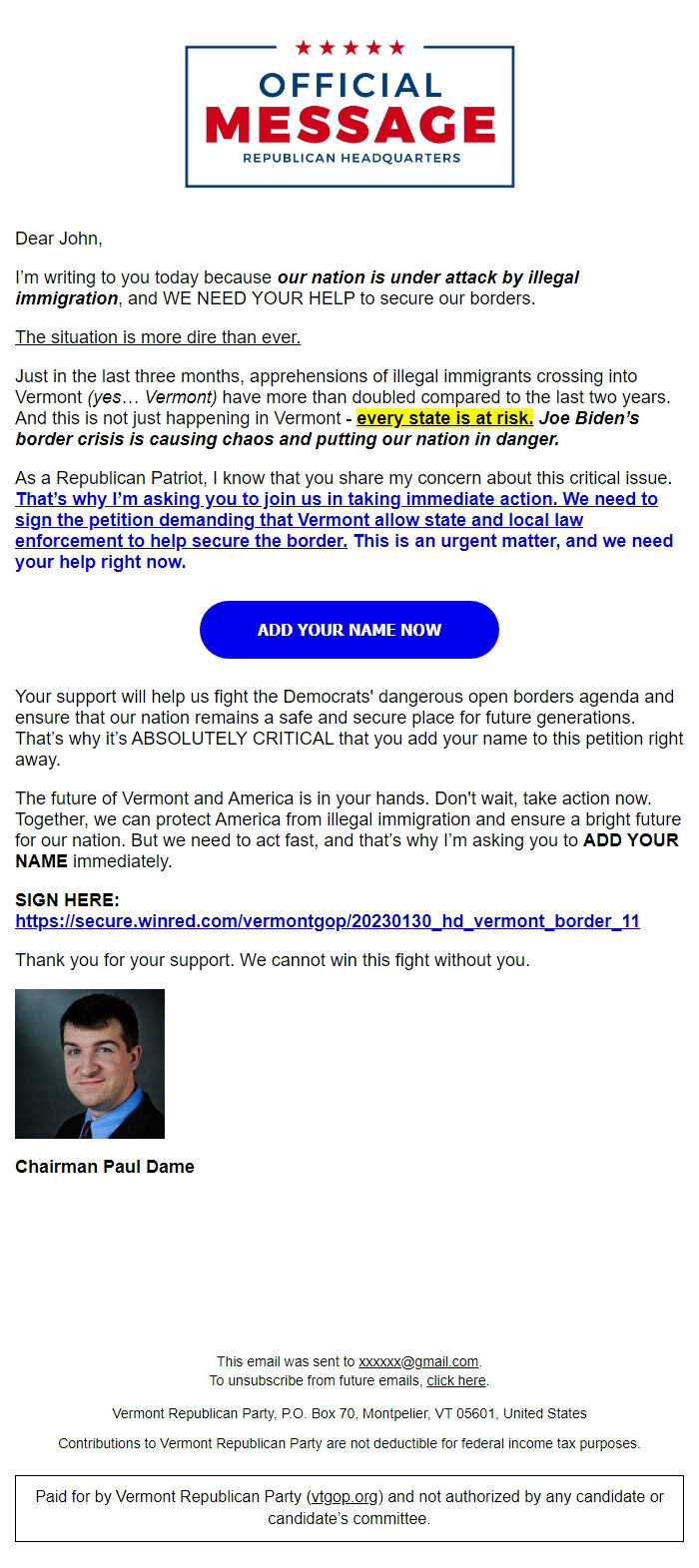 Screenshot of the email generated on import