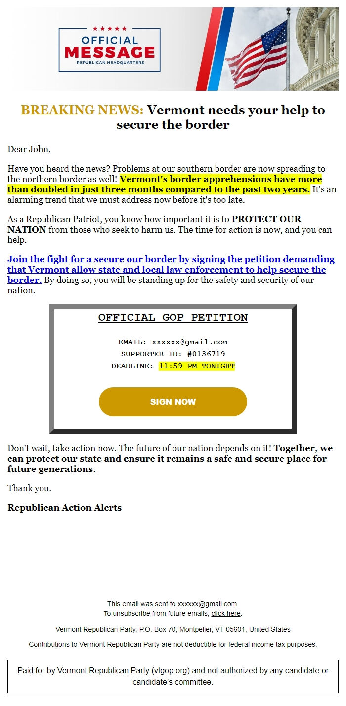 Screenshot of the email generated on import