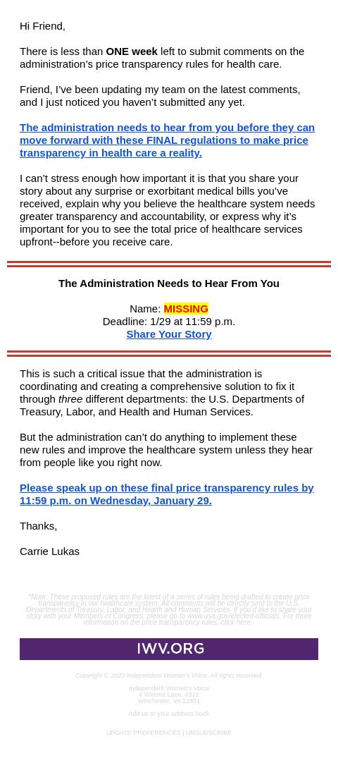 Screenshot of the email generated on import