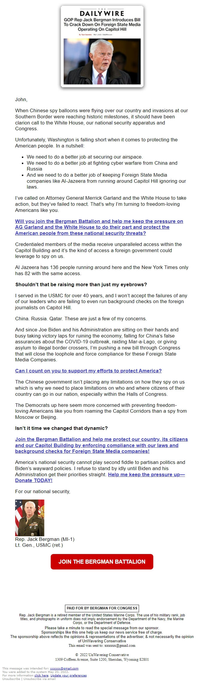 Screenshot of the email generated on import