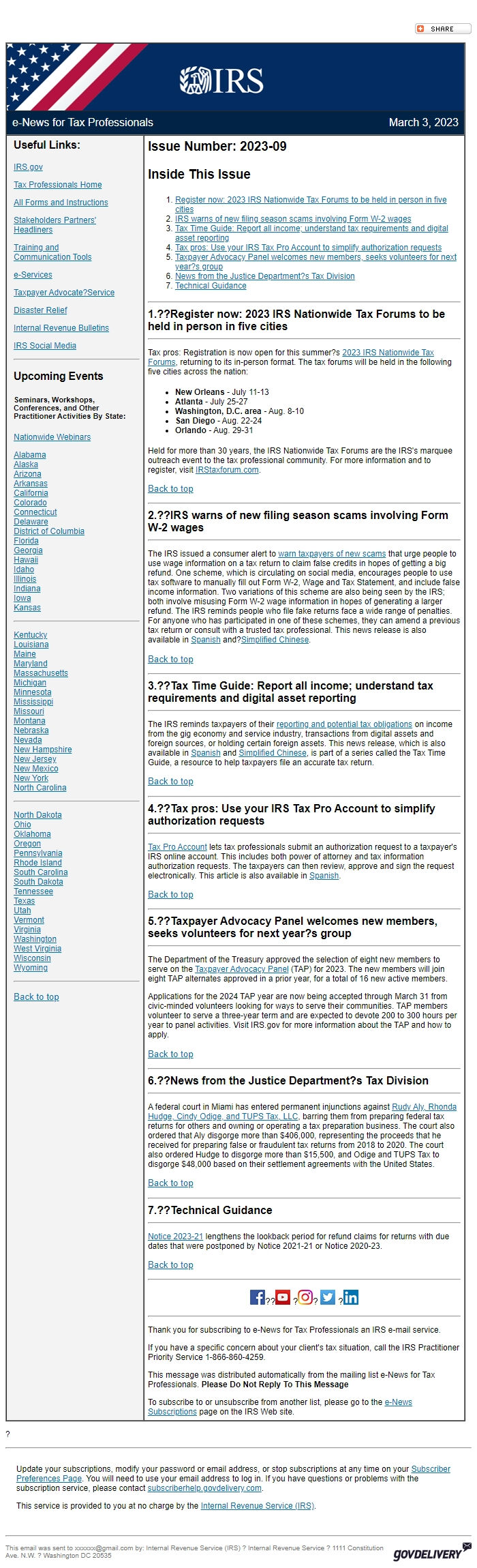 Screenshot of the email generated on import