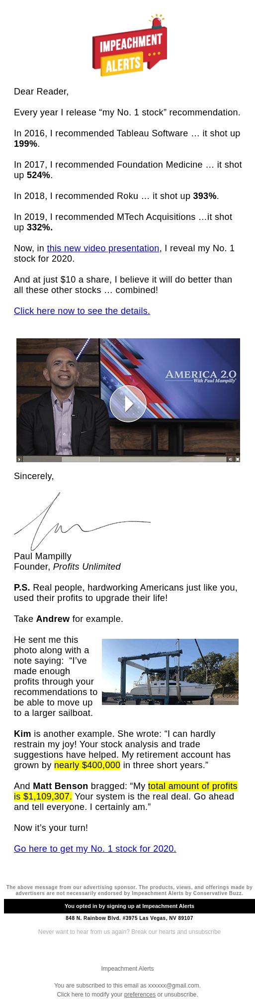 Screenshot of the email generated on import