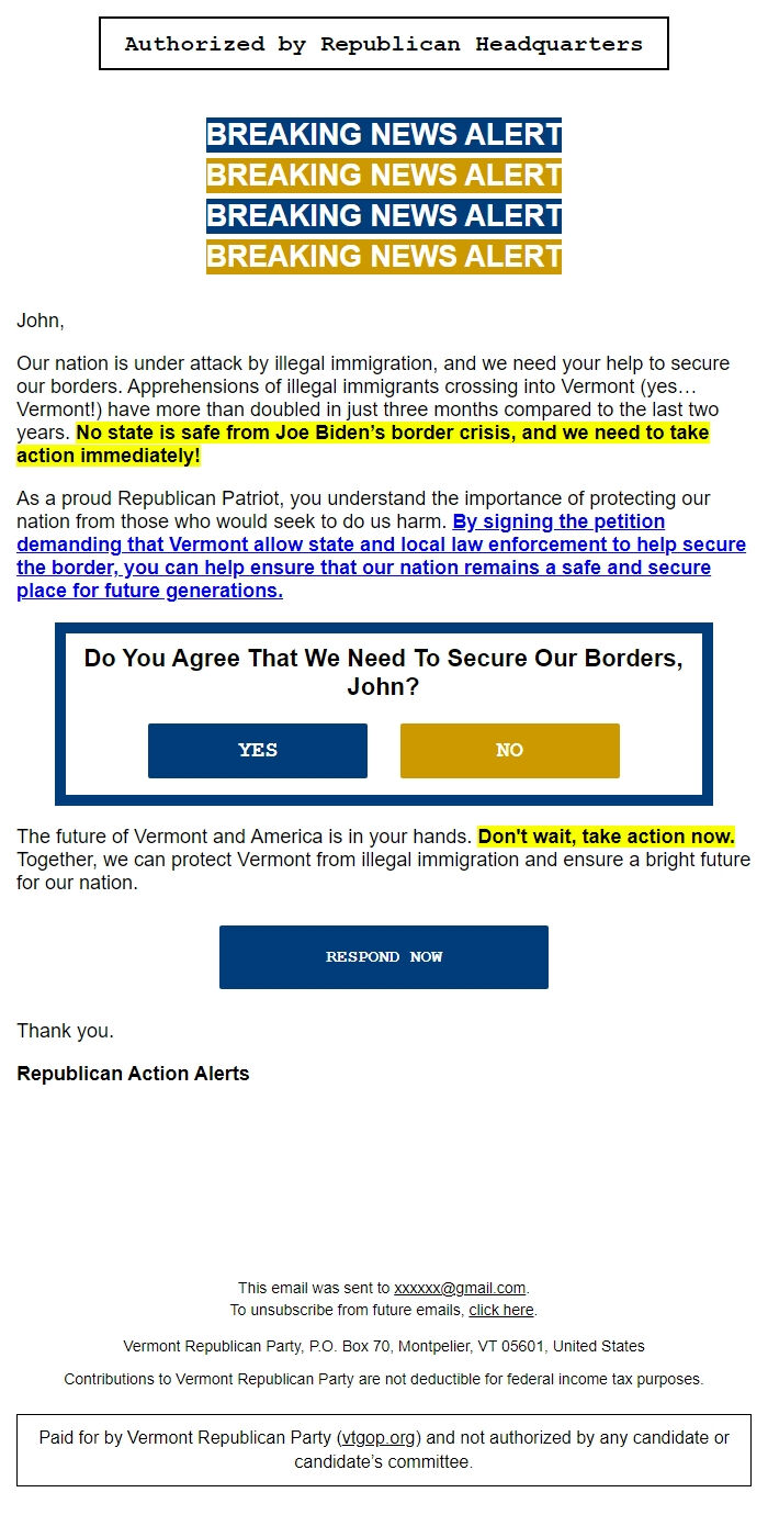Screenshot of the email generated on import