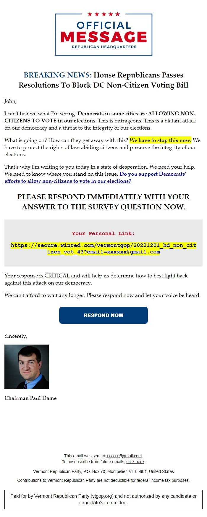 Screenshot of the email generated on import
