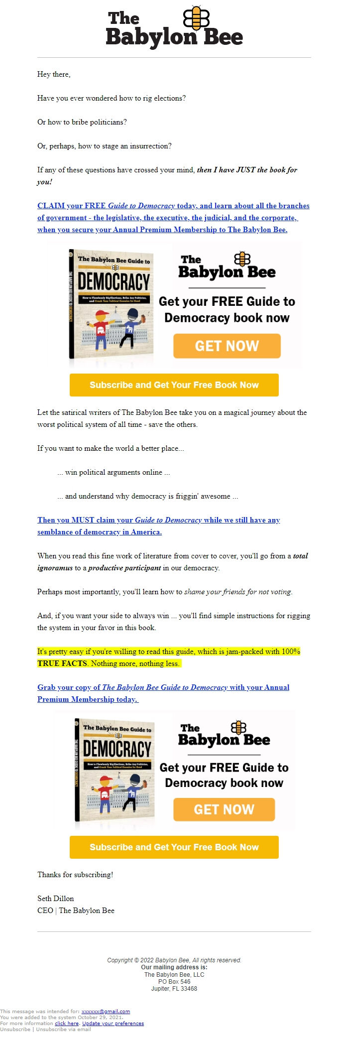 Screenshot of the email generated on import