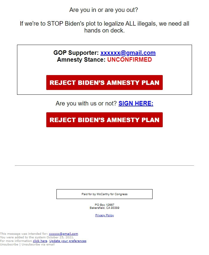 Screenshot of the email generated on import