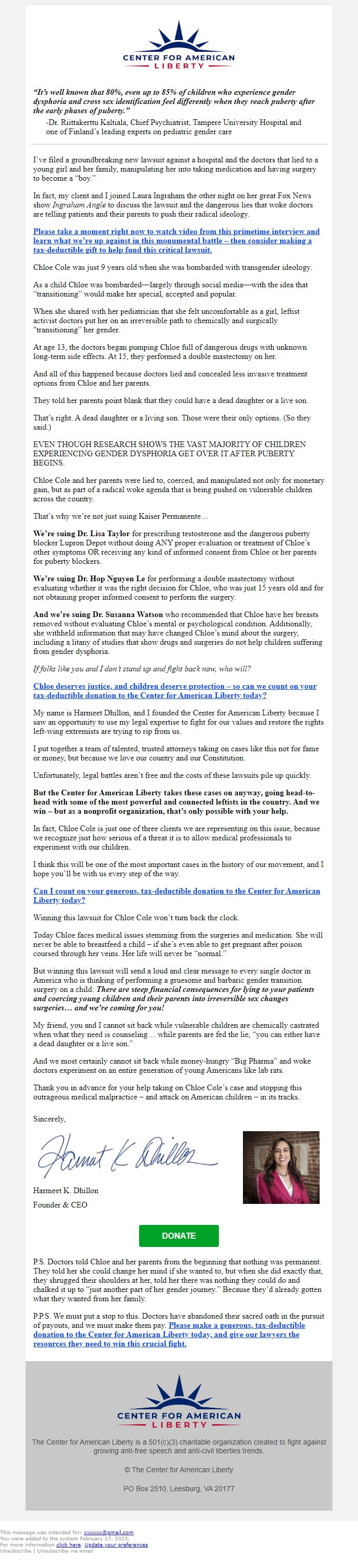 Screenshot of the email generated on import