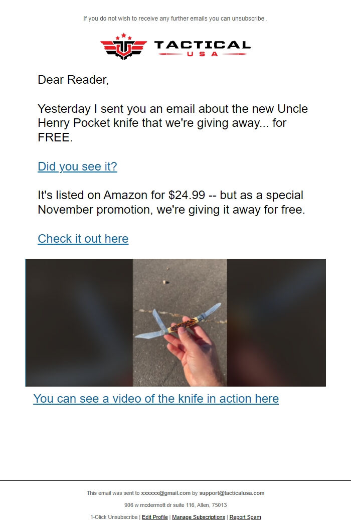 Screenshot of the email generated on import