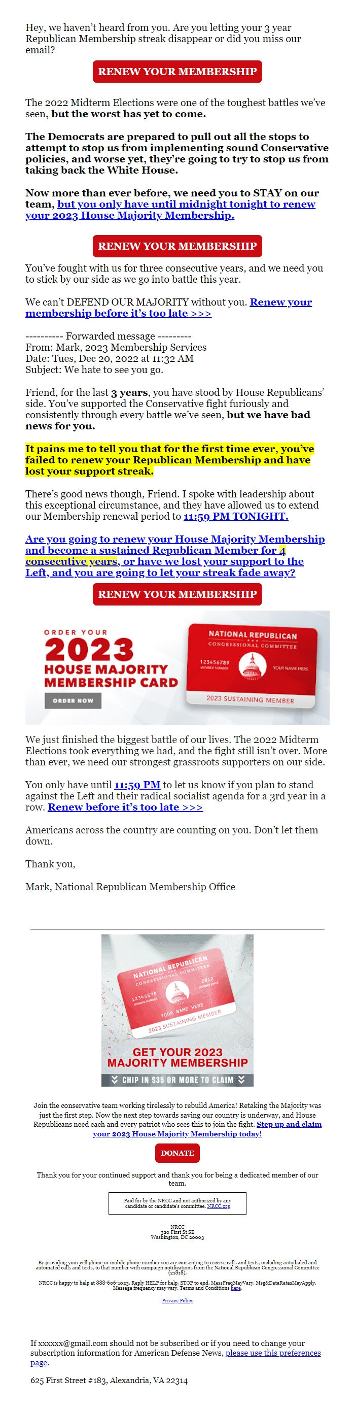 Screenshot of the email generated on import
