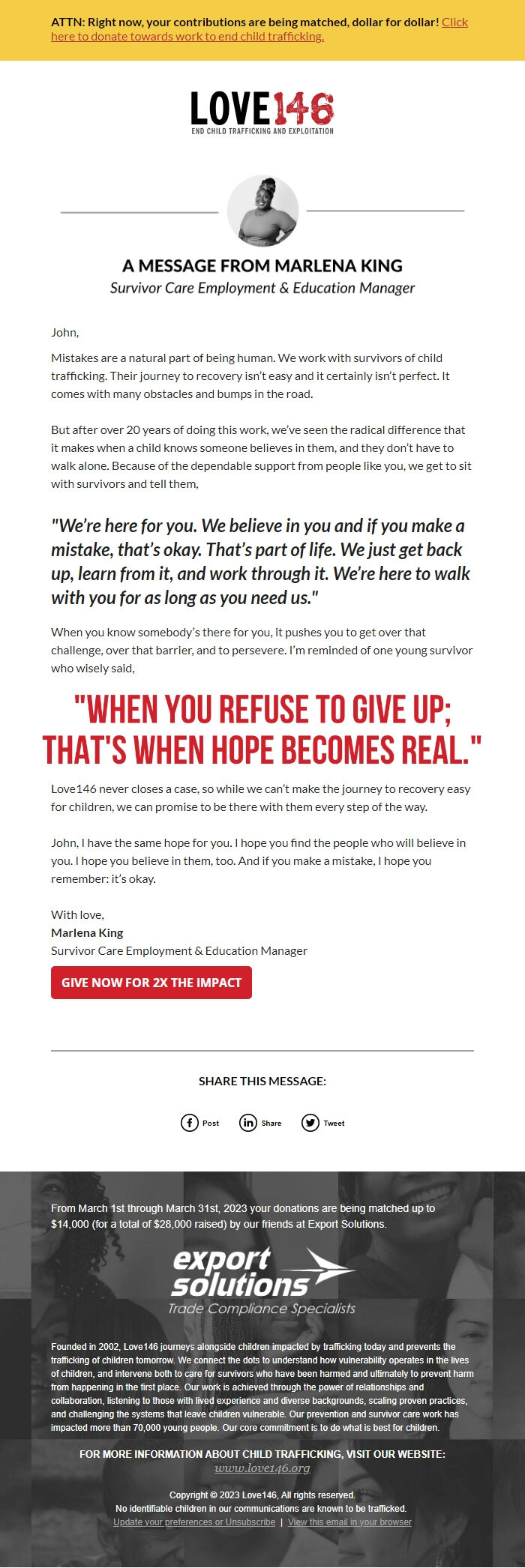Screenshot of the email generated on import
