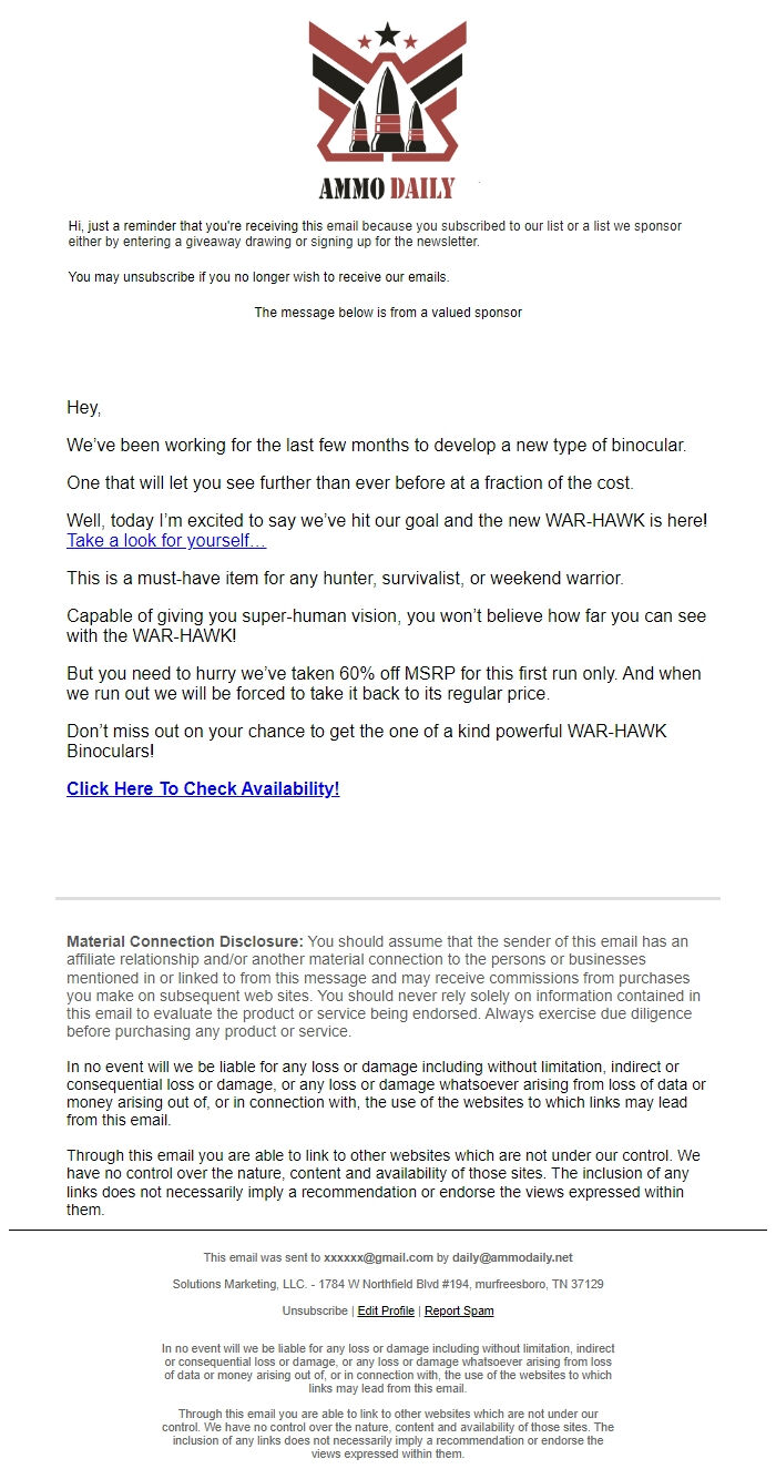 Screenshot of the email generated on import