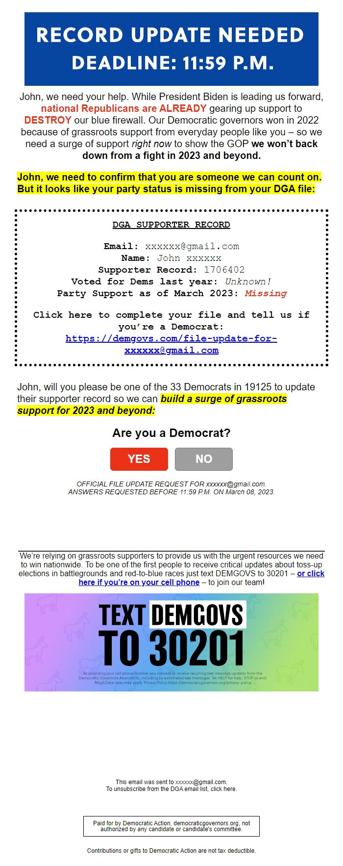 Screenshot of the email generated on import