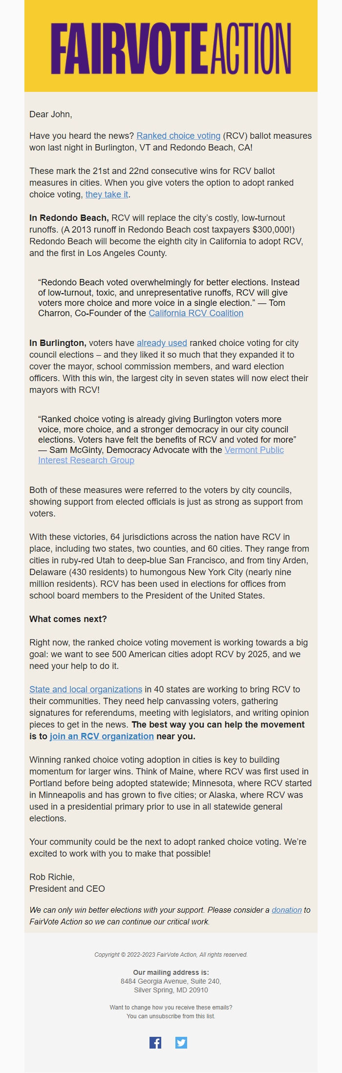 Screenshot of the email generated on import