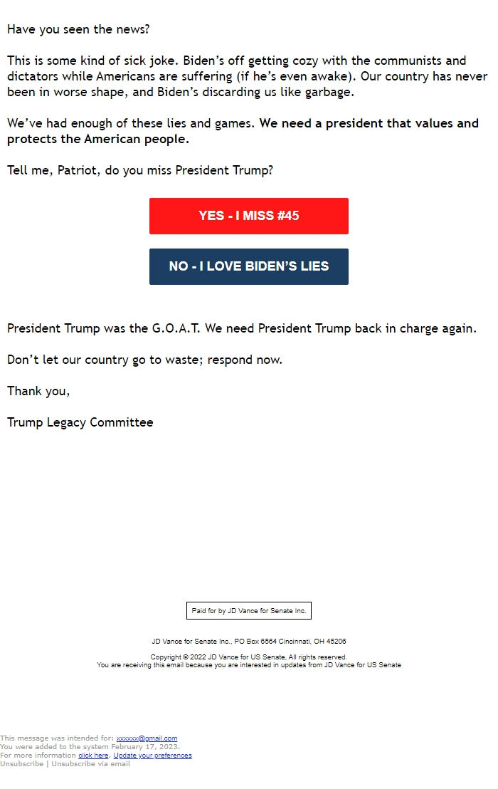 Screenshot of the email generated on import