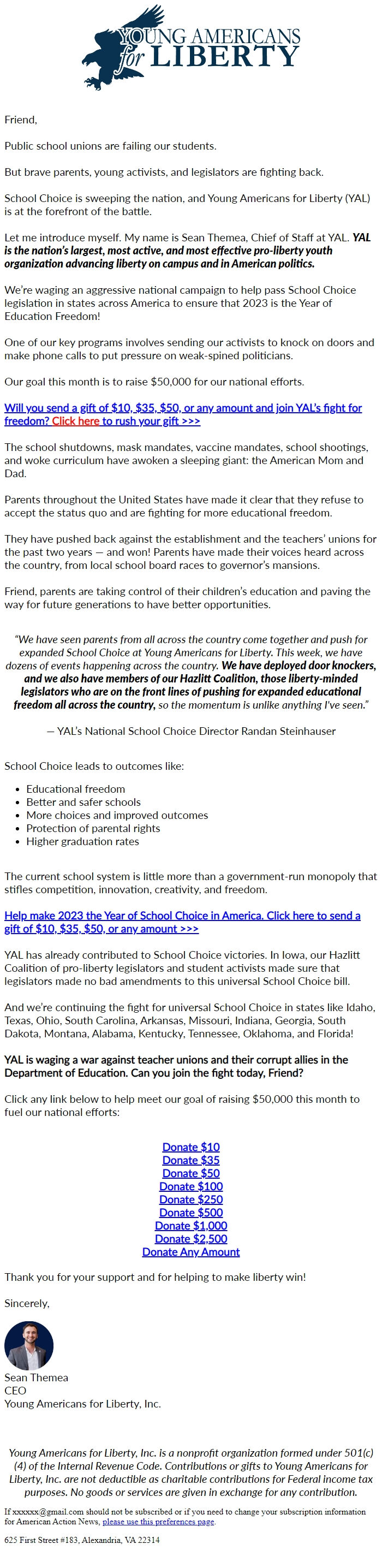 Screenshot of the email generated on import