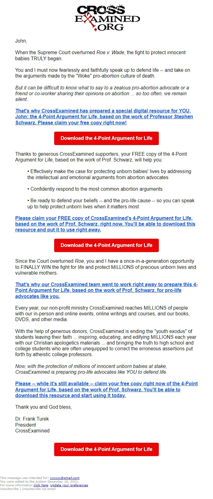 Screenshot of the email generated on import