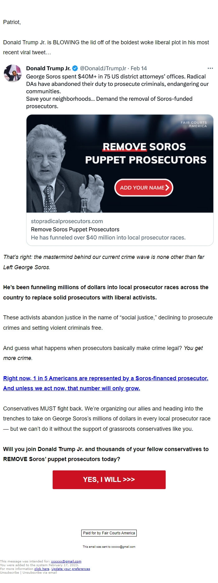 Screenshot of the email generated on import
