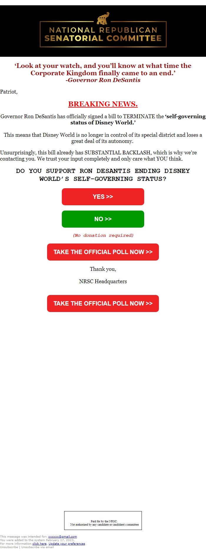 Screenshot of the email generated on import