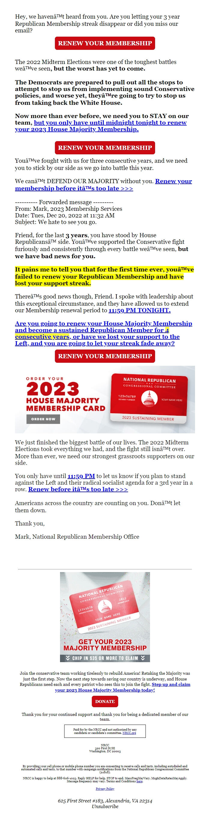 Screenshot of the email generated on import