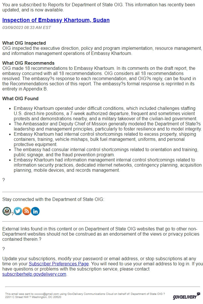 Screenshot of the email generated on import