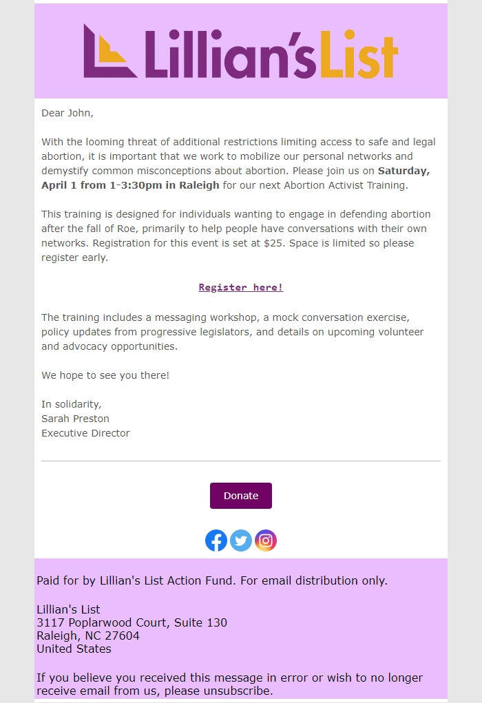 Screenshot of the email generated on import