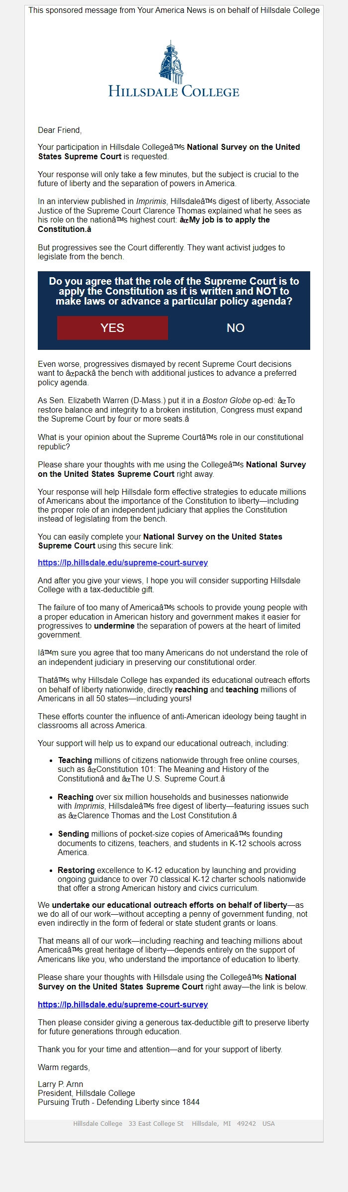 Screenshot of the email generated on import