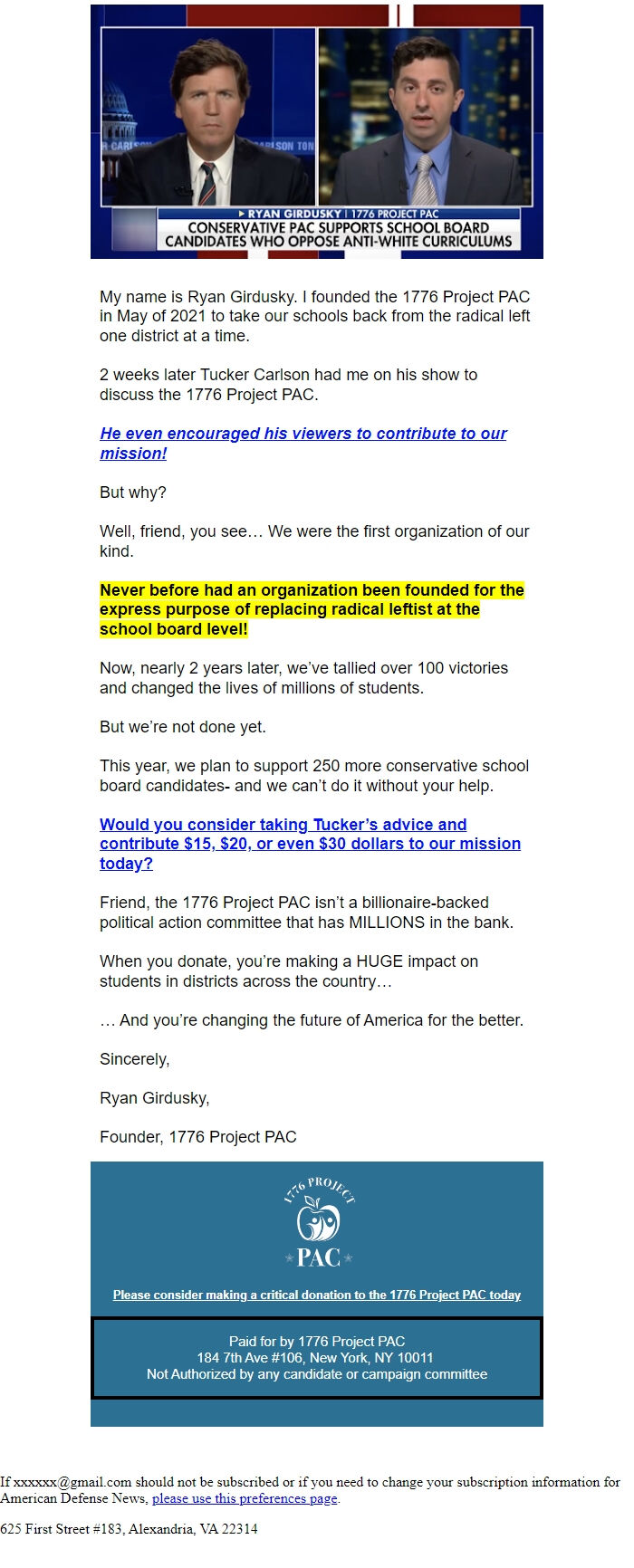 Screenshot of the email generated on import