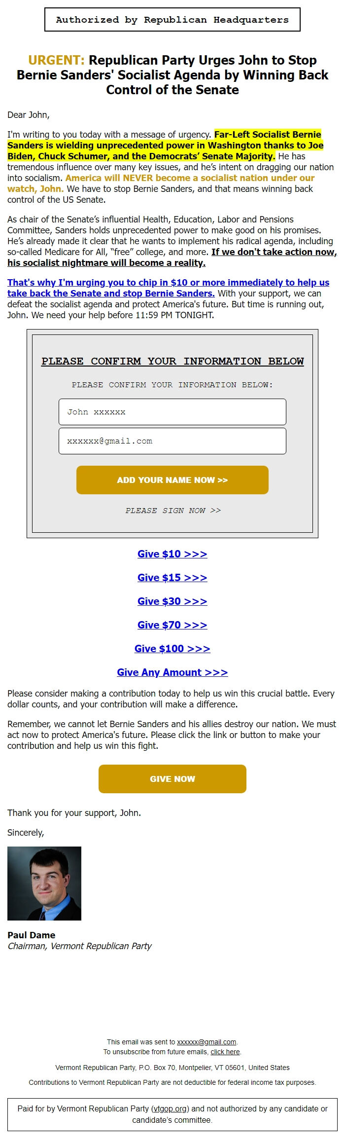 Screenshot of the email generated on import