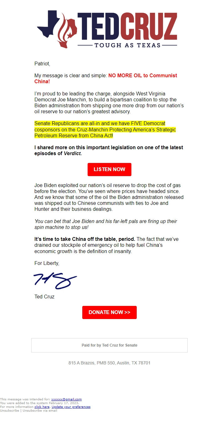 Screenshot of the email generated on import